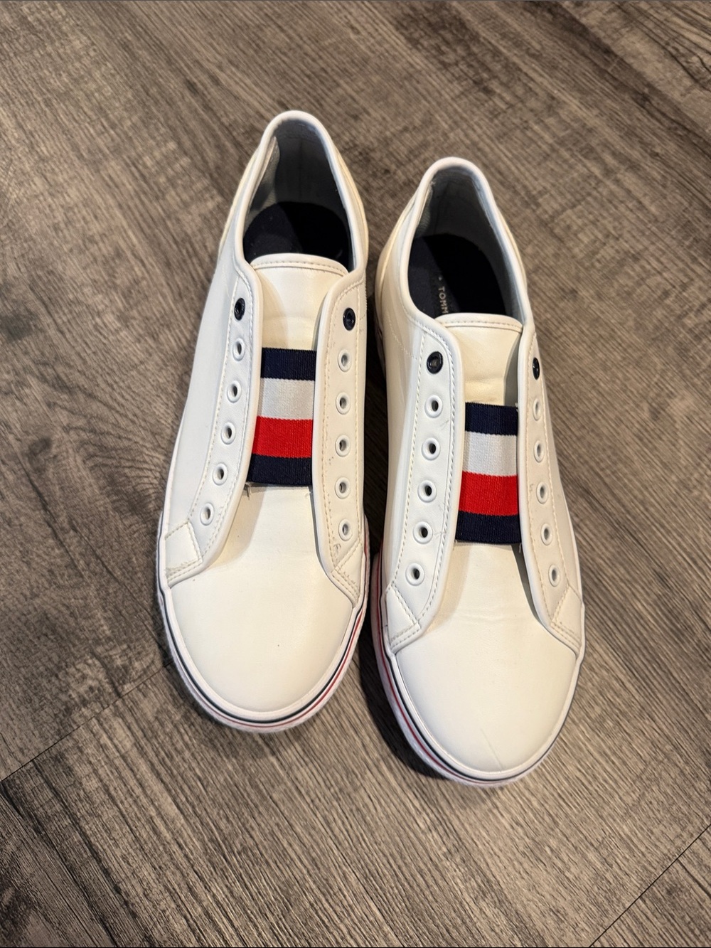 Tommy Hilfiger White Slip-On Sneakers with Navy and Red Stripes